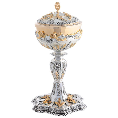 Silver chalice and ciborium in Baroque style with golden angels and wheat 9