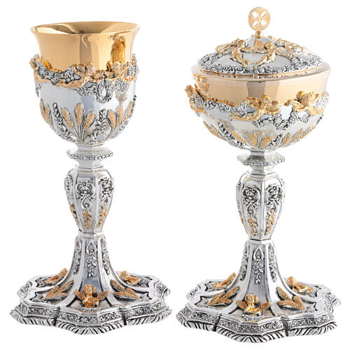 Silver Chalice and Ciborium Baroque Style with Angels and Wheat Gold 1