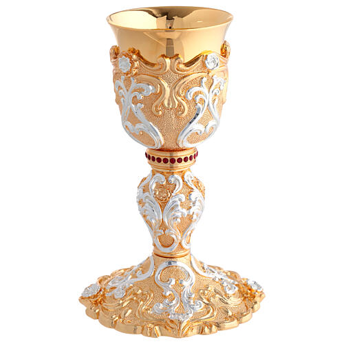 Chalice and ciborium with floral swirls in gold and silver, red crystal node 2