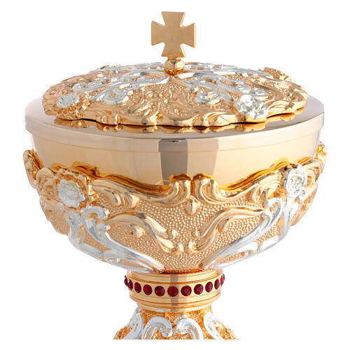 Chalice and ciborium with floral swirls in gold and silver, red crystal node 7
