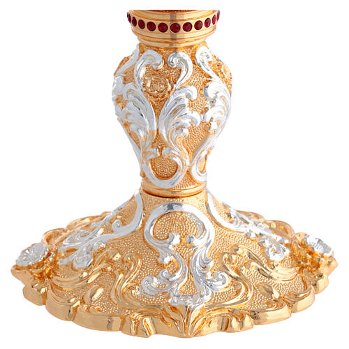 Calice et ciboire aux ornements floraux en or et argent, nœud cristaux rouges 4
