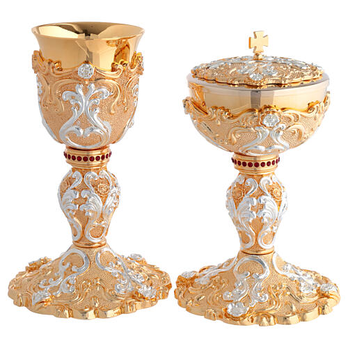 Chalice and Ciborium with Floral Swirls in Gold and Silver, Red Crystal Knot 1