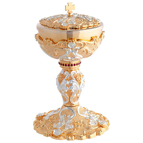 Chalice and Ciborium with Floral Swirls in Gold and Silver, Red Crystal Knot 5