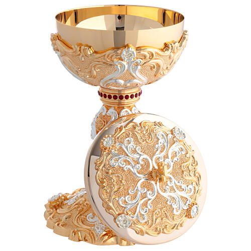 Chalice and Ciborium with Floral Swirls in Gold and Silver, Red Crystal Knot 6