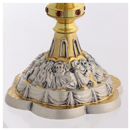 Chalice embossed with Last Supper scene, adorned with red stones, 9 in 10