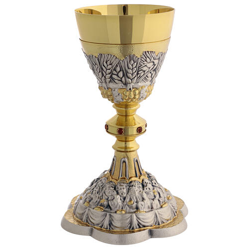 Golden chalice chiseled Last Supper red stones, 23 cm 4