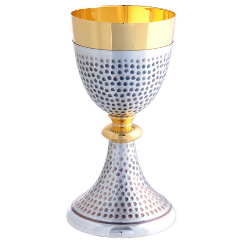Hammered silver chalice, ciborium, and low offertory paten with golden details, 8 in 3