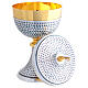 Hammered silver chalice, ciborium, and low offertory paten with golden details, 8 in s4