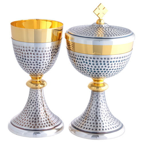 Calice pisside e patena offertoriale martellati argento dettagli dorati 20 cm 1