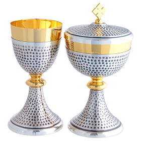 Chalice, Ciborium, and Low Paten Silver Hammered with Golden Details 20 cm