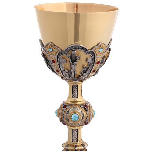 Life of Christ chalice with silver cup, blue and burgundy crystals, 10 in 2