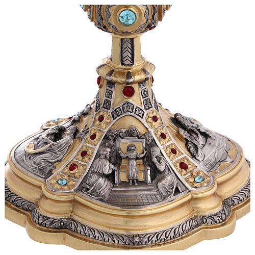 Life of Christ chalice with silver cup, blue and burgundy crystals, 10 in 3