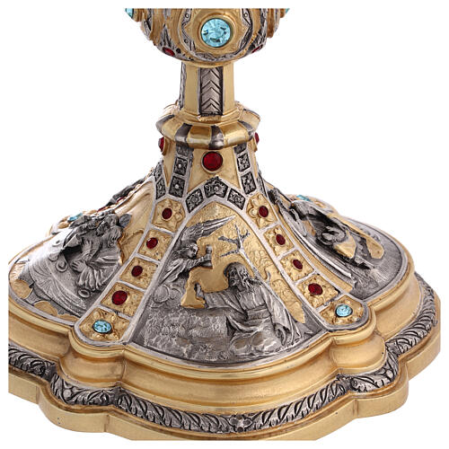 Life of Christ chalice with silver cup, blue and burgundy crystals, 10 in 7