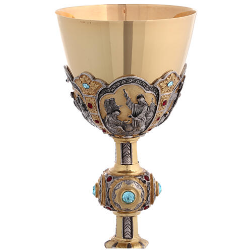 Life of Christ chalice with silver cup, blue and burgundy crystals, 10 in 8