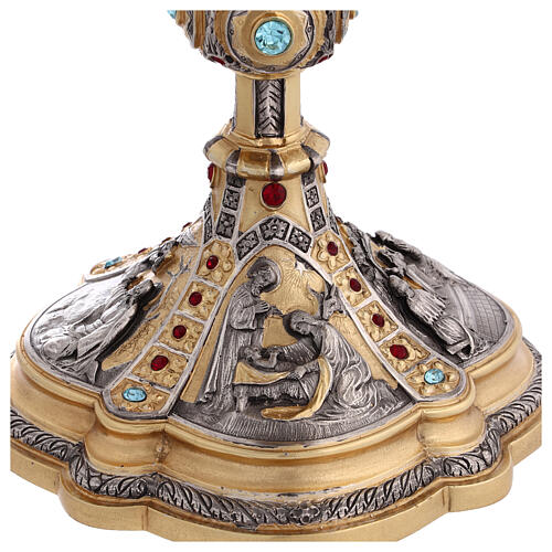 Life of Christ chalice with silver cup, blue and burgundy crystals, 10 in 9