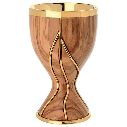 Calice en olivier Vin Versé incrustations métal doré 20 cm 1