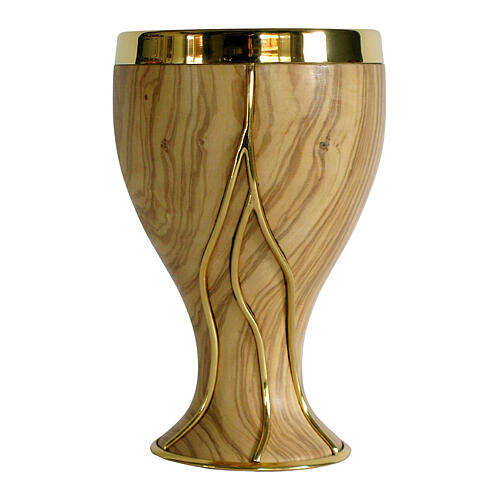 Calice in ulivo Vino Versato inserti metallo dorato 20 cm 1