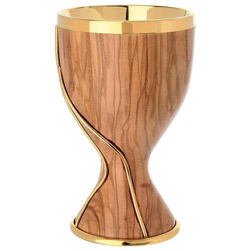Kielich z drewna oliwnego - Vino Versato, westawki z pozłacanego metalu, 20 cm 3