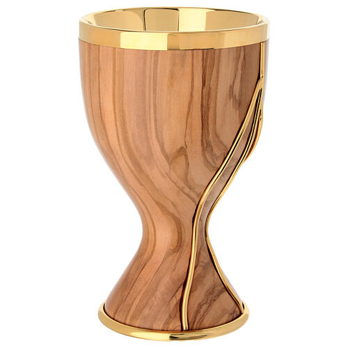 Kielich z drewna oliwnego - Vino Versato, westawki z pozłacanego metalu, 20 cm 4