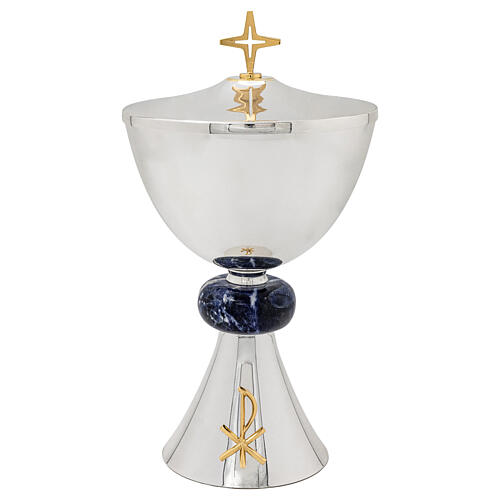 Set of silver-plated chalice, ciborium, and paten with Chi-Rho symbol, sodalite node and gold finishes 3