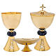 Set of gold plated chalice, ciborium, and paten with Chi-Rho symbol, sodalite node and silver finishes s1