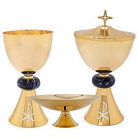 Set calice, pisside e patena ''PAX'' dorate nodo sodalite finiture argentate