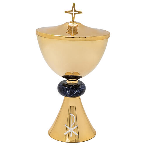 Set chalice, ciborium, and paten ''PAX'' gold-plated with sodalite node and silver finishes 3