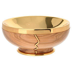 Olivewood ciborium with broken bread design, gold metal inserts, 6 in
