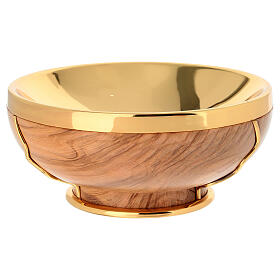 Olivewood ciborium with broken bread design, gold metal inserts, 6 in