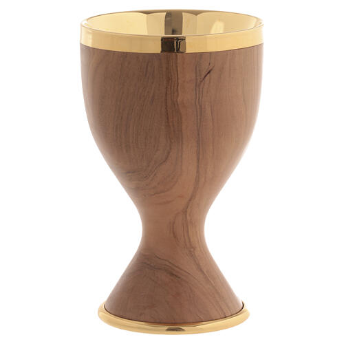 Kielich z drewna oliwnego – metalowa czara i podstawa, wykończenie pozłacane, wys. 17 cm 3