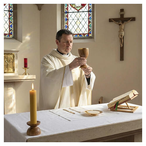 Olive wood chalice with metal cup and base, golden finish H 17 cm 2