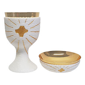 Calice e pisside croce e raggi marmo Carrara scolpito finitura dorata 20 cm