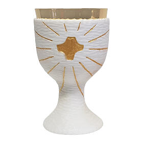 Calice e pisside croce e raggi marmo Carrara scolpito finitura dorata 20 cm