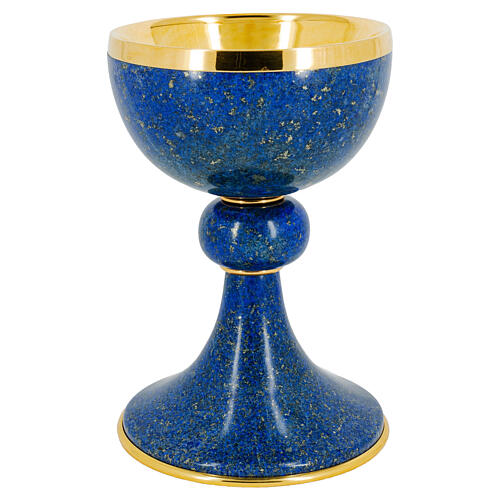 Lapis lazuli chalice and paten with silver cup and golden finish, 8 in 2