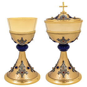 Chalice and ciborium with hammered gold French filigree and synthetic stones