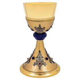 Chalice and ciborium with hammered gold French filigree and synthetic stones