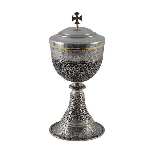 Chalice and ciborium with crosses and flowers, lost-wax cast, silver finish 3