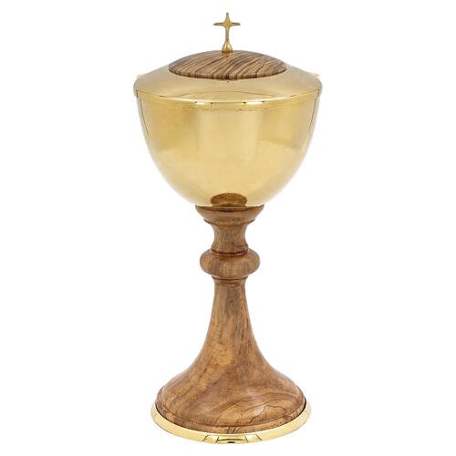 Calice et ciboire liturgiques en bois d'olivier avec coupe en métal finition dorée 5