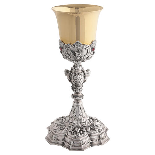Baroque-style bicoloured brass chalice with red stones, height 10 in 5
