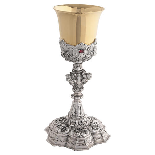 Baroque-style bicoloured brass chalice with red stones, height 10 in 7