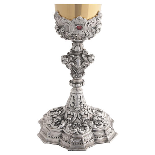 Baroque-style two-tone brass chalice with red stones, 25 cm high 8