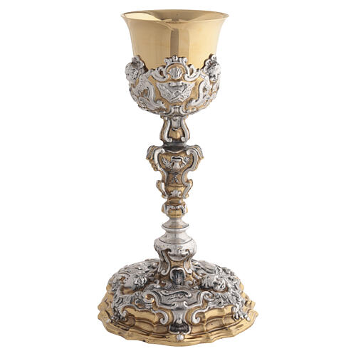 Two-tone brass chalice with angels and the Passion of Christ, 28 cm 5