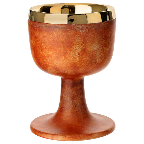 Ceramic chalice with old terracotta finish, polished brass cup, 4 in 3