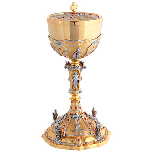 Baroque-style 24kt gold-plated brass chalice and ciborium with red crystals 4