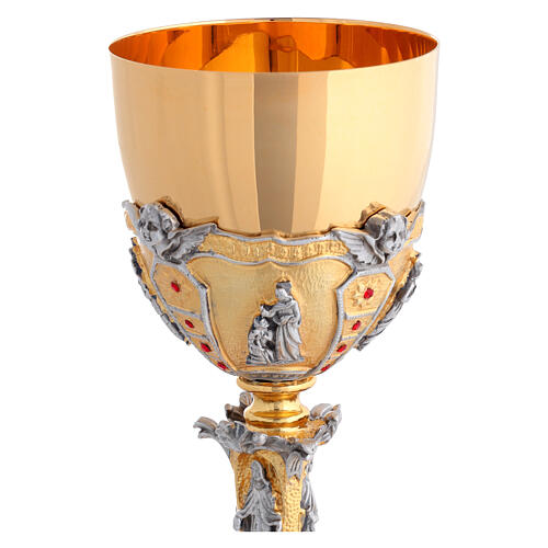 Cálice e píxide bicolores ouro 24K cristais vermelhos estilo barroco cenas vida de Jesus 3