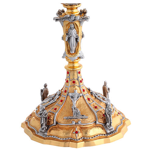 Chalice and ciborium two-tone 24kt gold with red crystals Baroque style scenes from Jesus' life 7