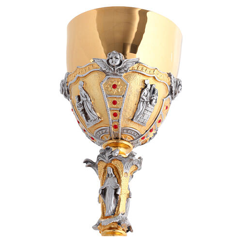 Chalice and ciborium two-tone 24kt gold with red crystals Baroque style scenes from Jesus' life 9