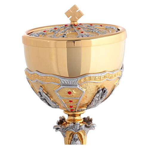 Chalice and ciborium two-tone 24kt gold with red crystals Baroque style scenes from Jesus' life 10