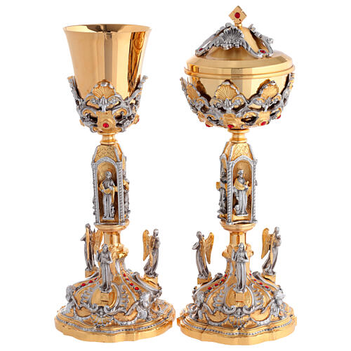 Chalice and ciborium of 24K gold-plated brass with angels, saints, and red crystals 1