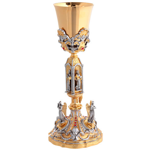Chalice and ciborium of 24K gold-plated brass with angels, saints, and red crystals 2